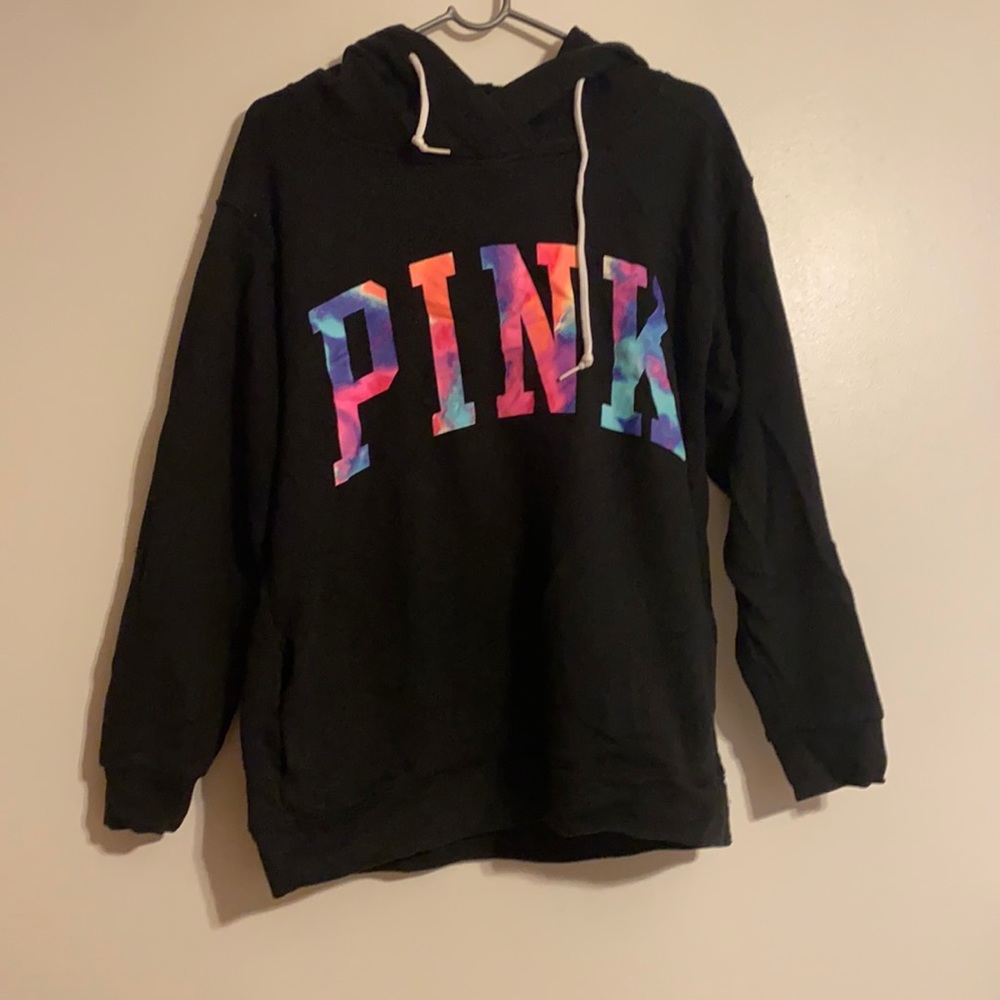 Black hoodie with Tie die PINK lettering size xs/s